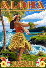 Load image into Gallery viewer, ORGANIC TEA TOWEL Hawaii, Aloha, Hula Girl on Coast