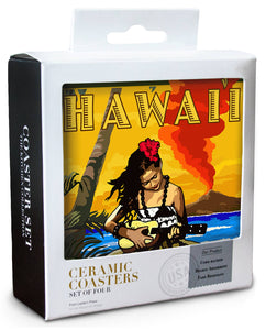 CERAMIC COASTER Hawaii, Hula Girl & Ukulele