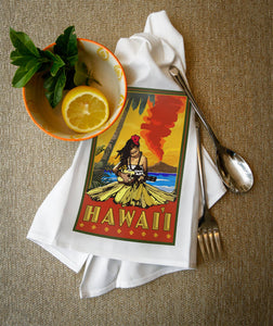 ORGANIC TEA TOWEL Hawaii, Hula Girl & Ukulele