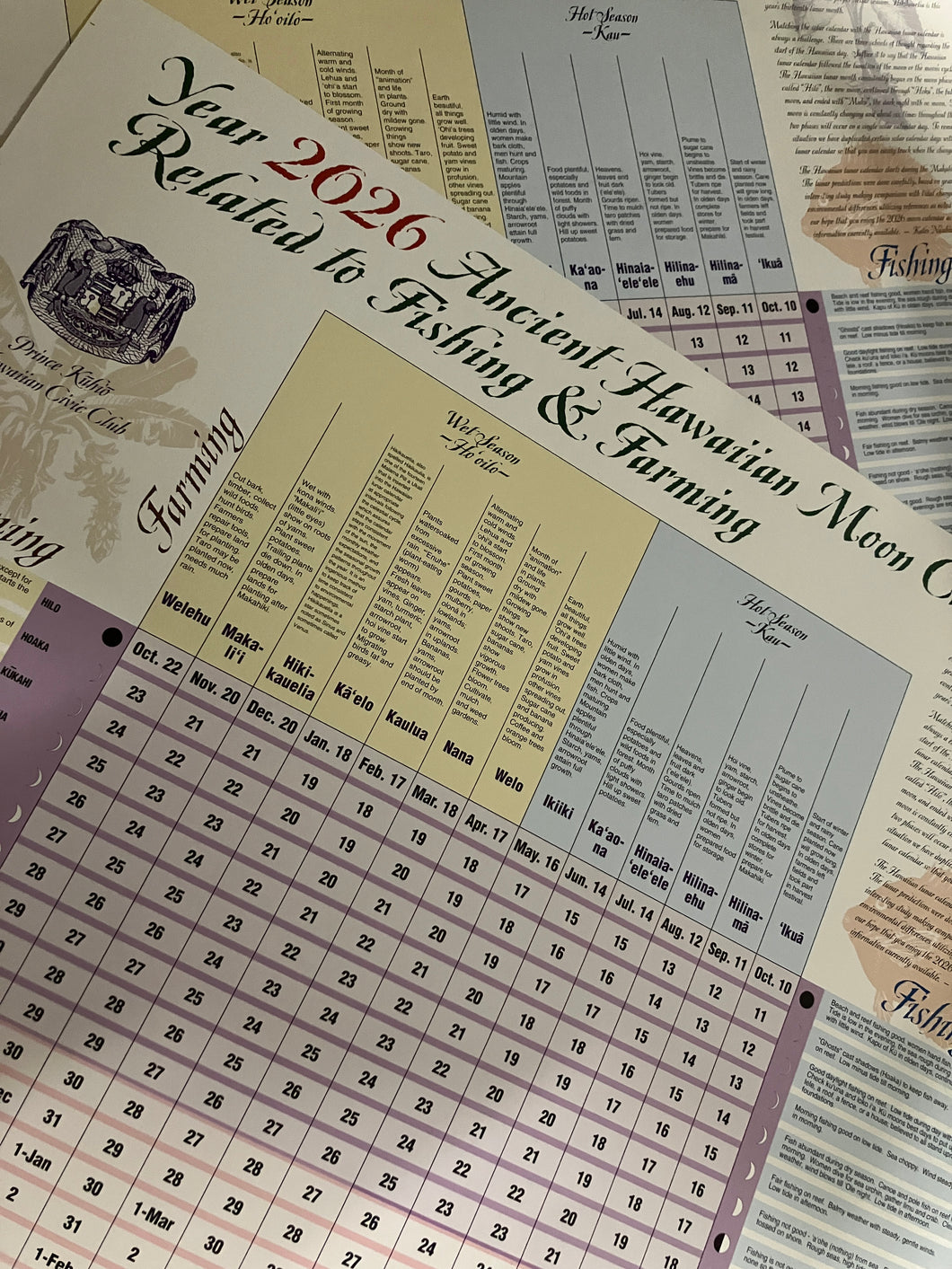 2026 PKHCC Ancient Hawaiian Moon Calendar Fishing and Farming