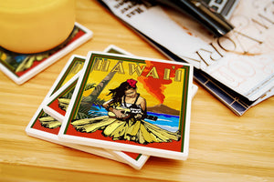 CERAMIC COASTER Hawaii, Hula Girl & Ukulele