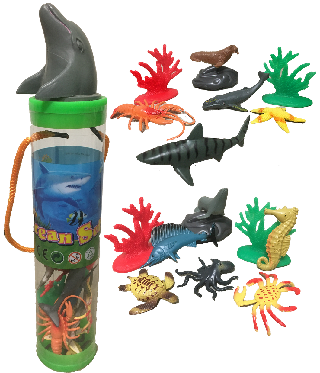 Sea Animal Figurines in Clear Tube with Dolphin Head Topper